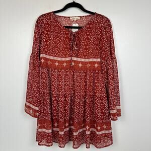 NWT Indigo Soul Womens V-Neck Tie Peasant Long Sleeve Floral Red Dress Small
